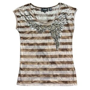 Miss Me Women’s Brown Striped Embellished Sequin Angel Wing Short Sleeve T-Shirt